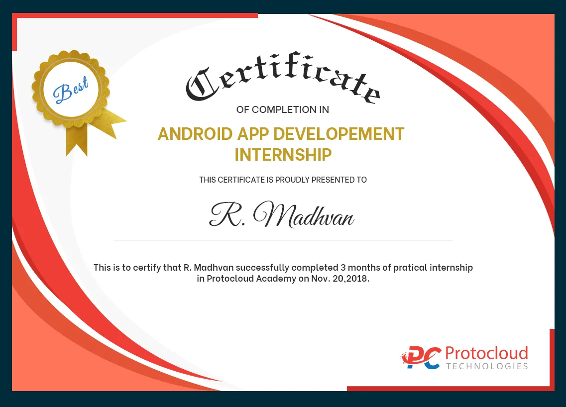 certificate of android app development internship