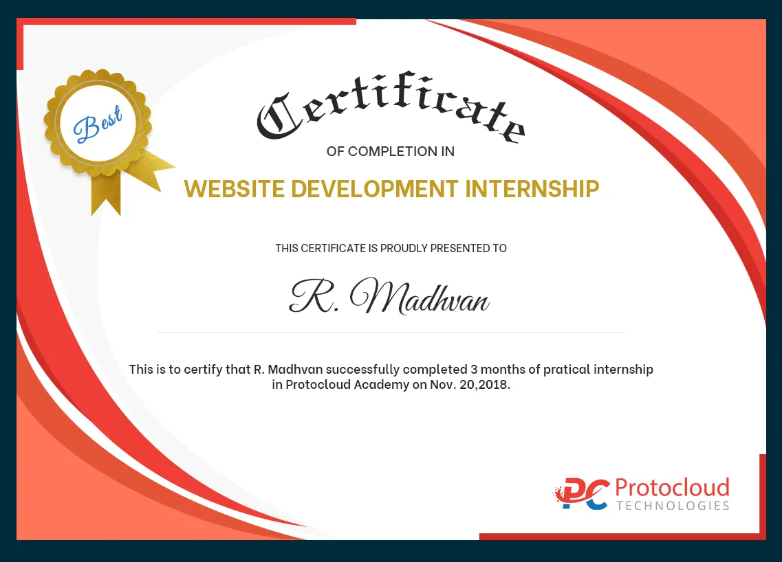 certificate of web development internship