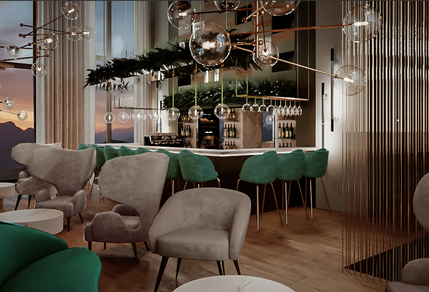 Elegant and luxurious interior of Emerald Bar.