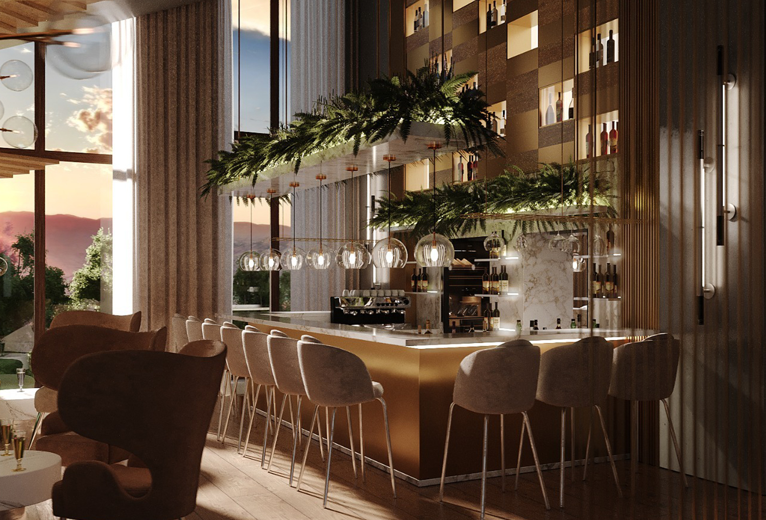 Elegant and luxurious interior of Emerald Bar.