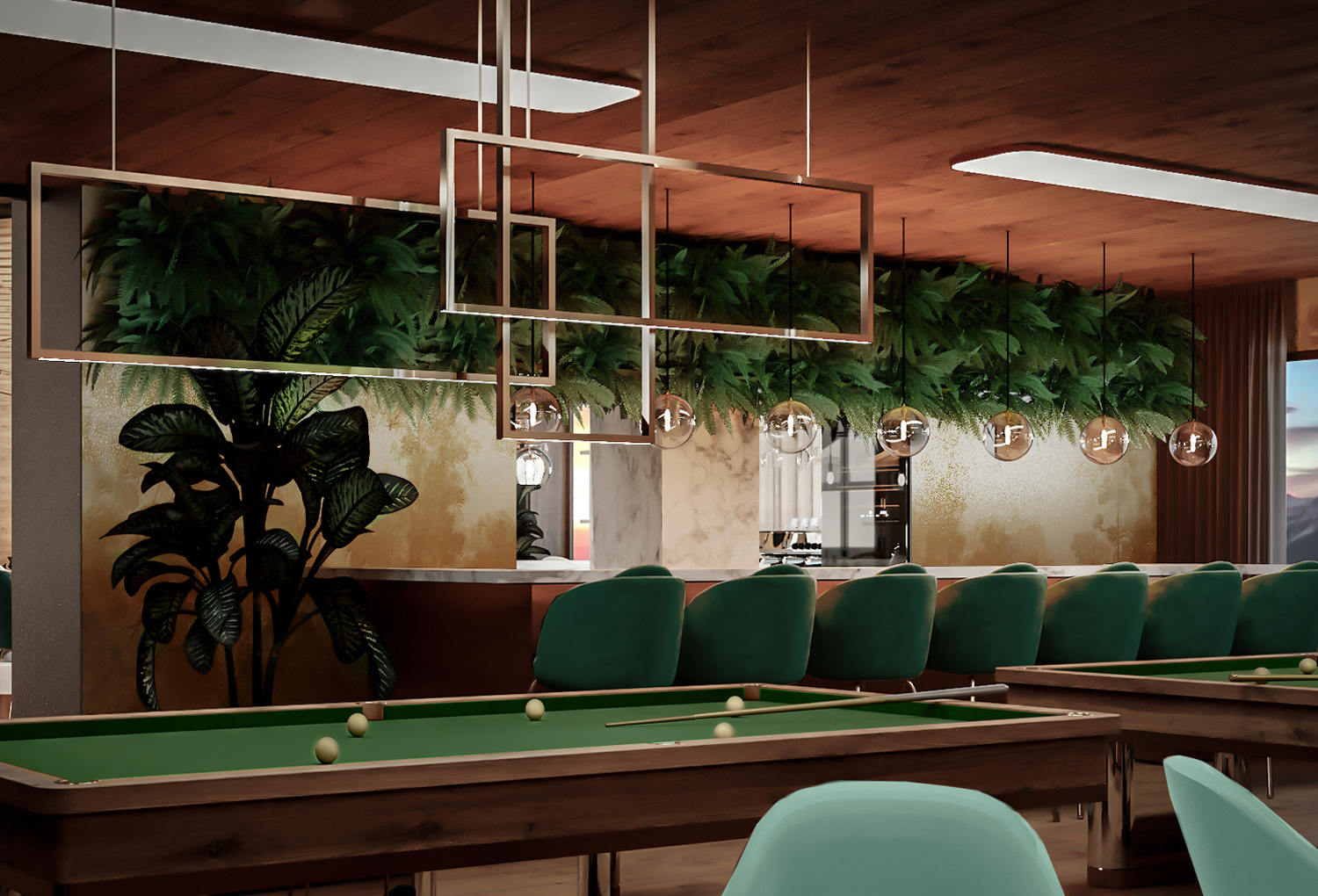 Elegant and luxurious interior of Emerald Bar